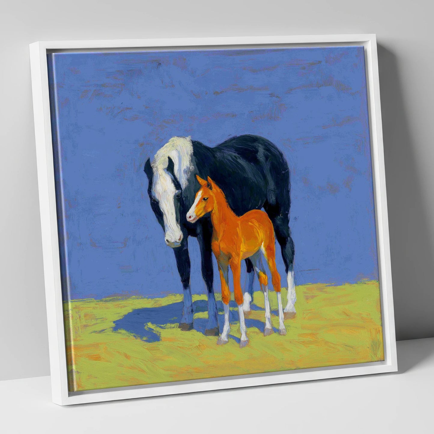 Vibrant Pasture Bond mare & foal canvas wall art in white frame