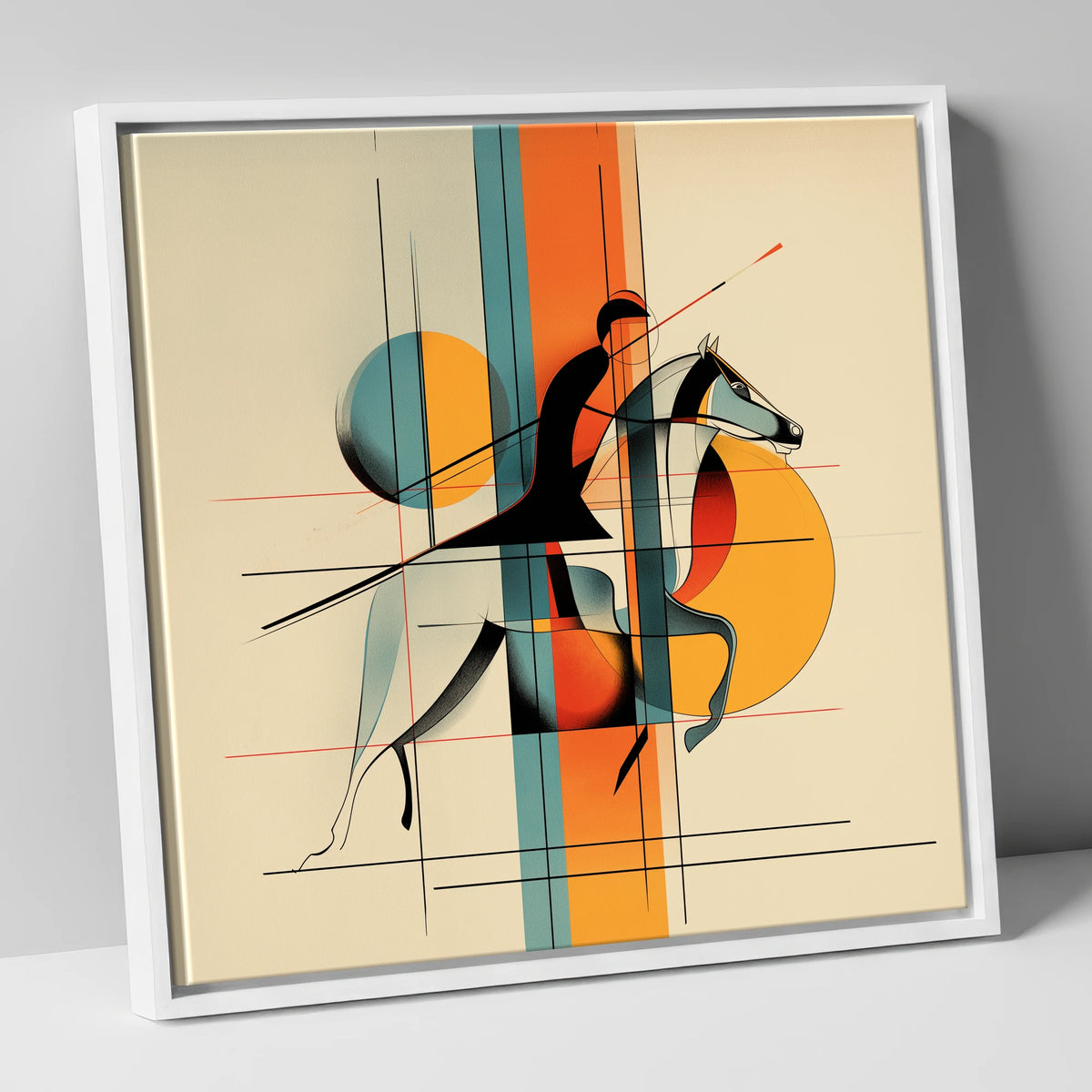 Racehorse Profile in Geometric Grid racing horse canvas wall art in white frame