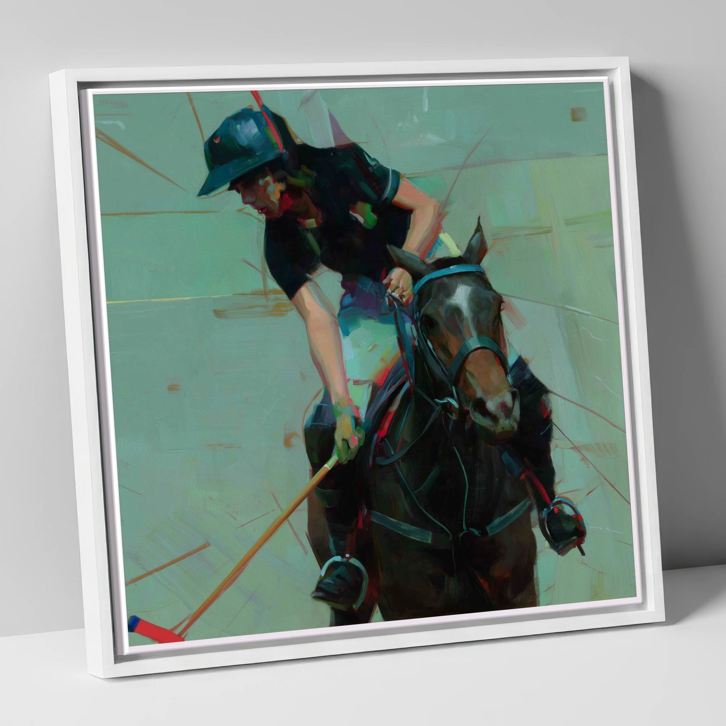 Mid-Match Focus polo horse canvas wall art in white frame