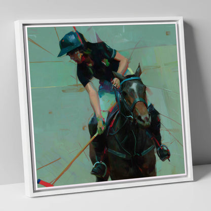 Mid-Match Focus polo horse canvas wall art in white frame