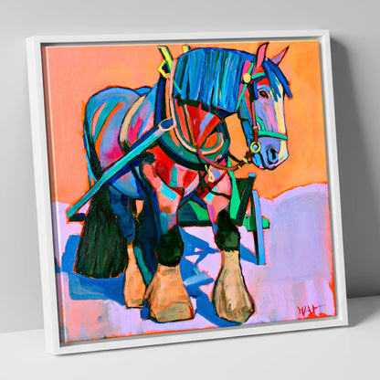 Vibrant Blue Heavy Horse horse breed canvas wall art in white frame