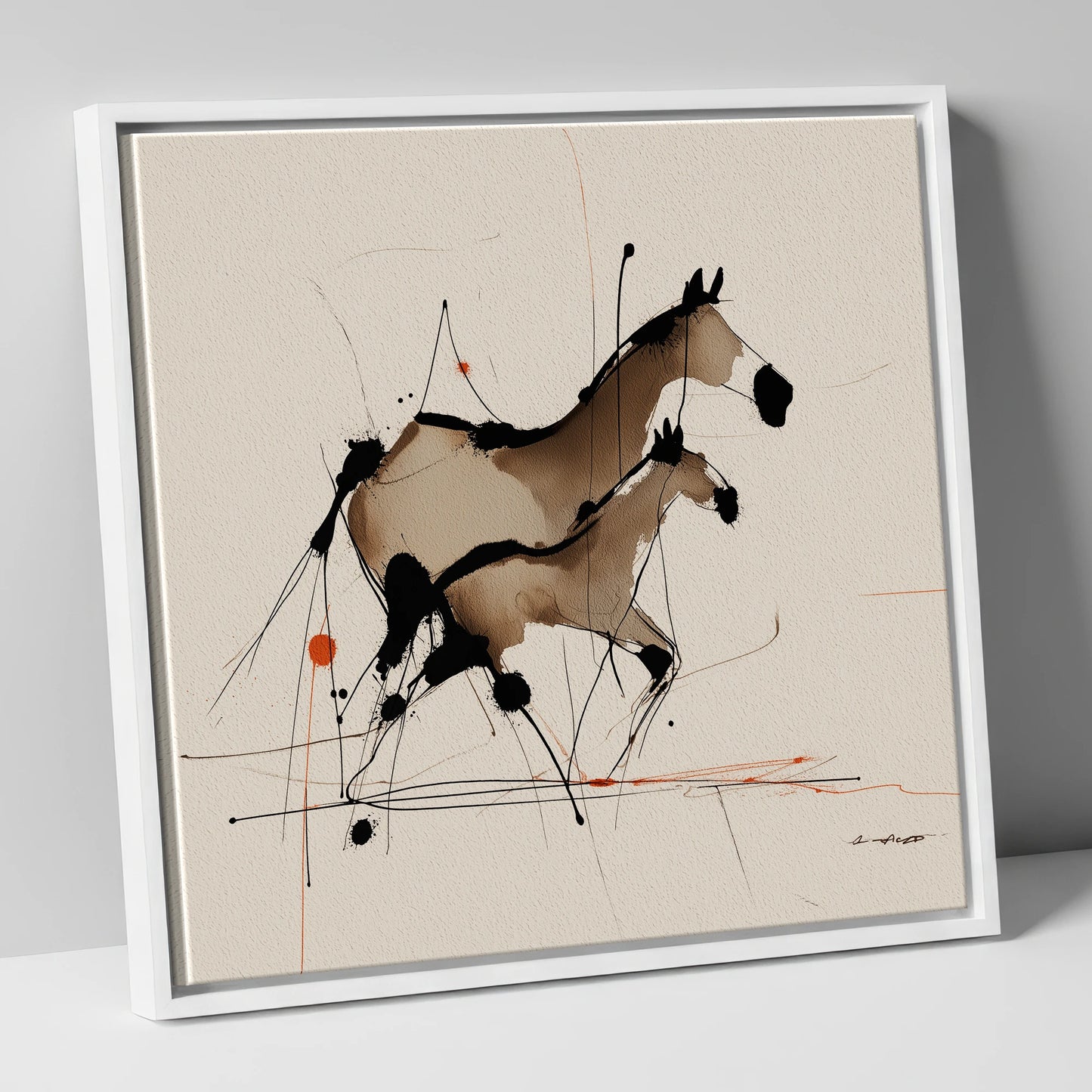Sepia Shadows mare & foal canvas wall art in white frame