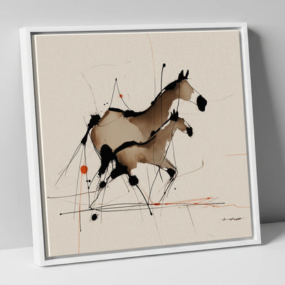 Sepia Shadows mare & foal canvas wall art in white frame