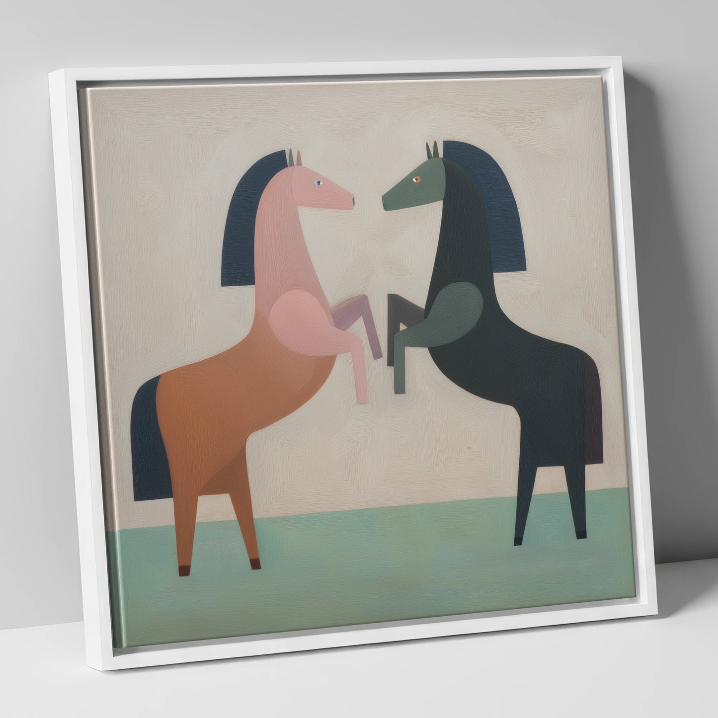 Symmetrical Equine Balance wild horses canvas wall art in white frame