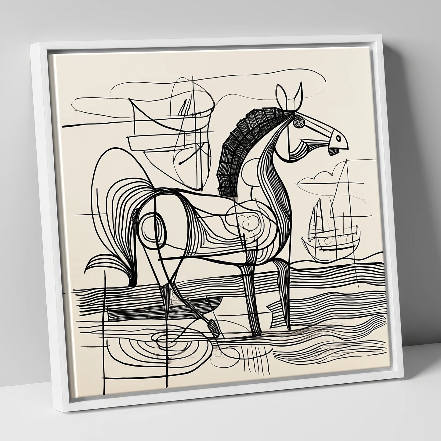 Abstract Coastal Equine beach horse canvas wall art in white frame