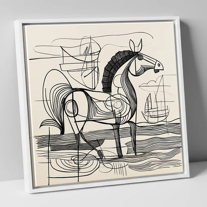 Abstract Coastal Equine beach horse canvas wall art in white frame