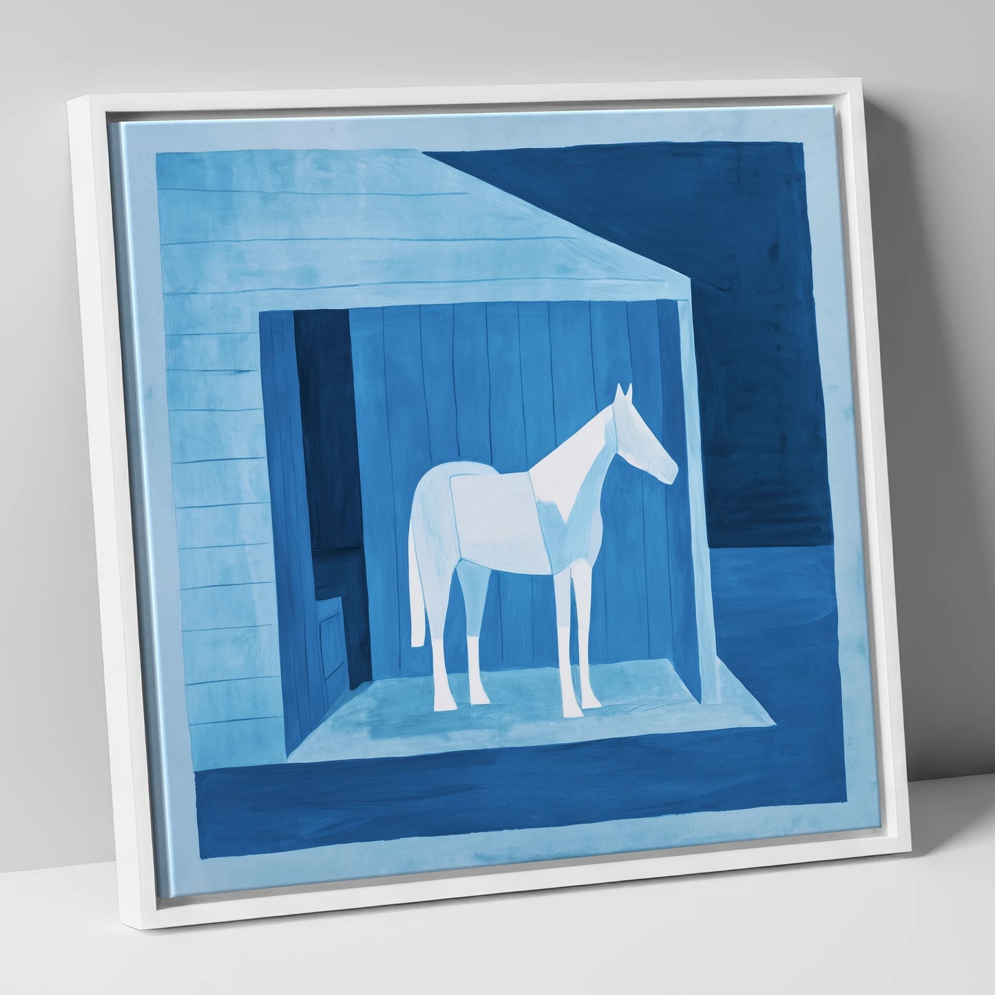 Azure Shelter horse stable canvas wall art in white frame
