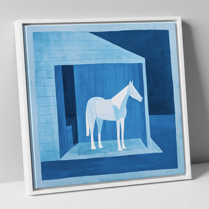 Azure Shelter horse stable canvas wall art in white frame