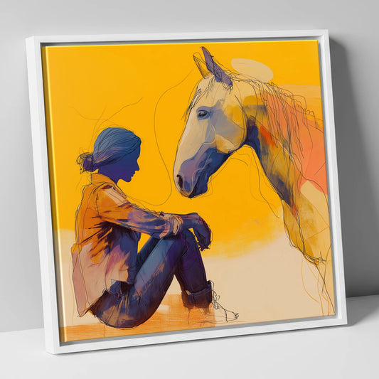 Quiet Communion horse & rider canvas wall art in white frame