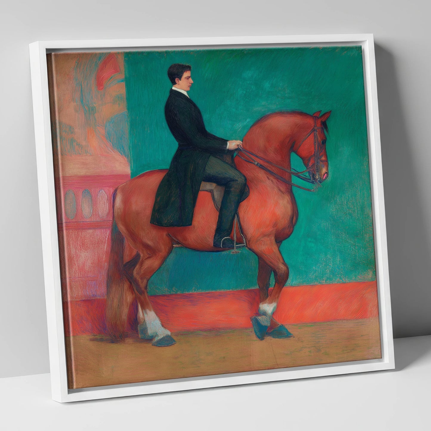 Collected Chestnut in Emerald dressage horse canvas wall art in white frame