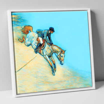 Bold Cerulean Flight show jumping horse canvas wall art in white frame