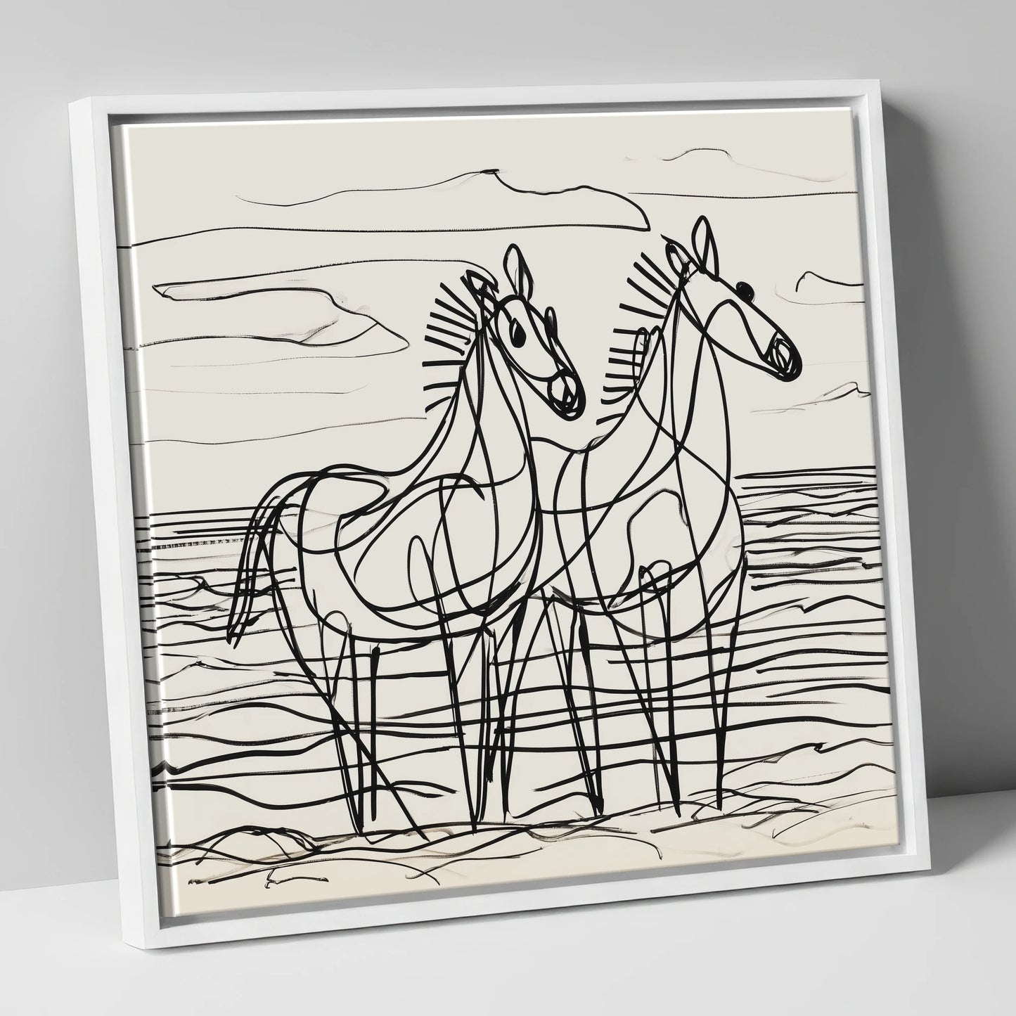 Linear Equine Companions horse landscape canvas wall art in white frame