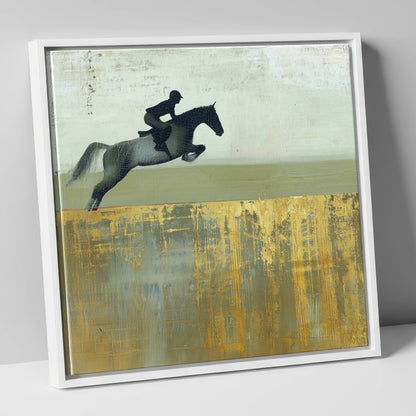 Golden Momentum show jumping horse canvas wall art in white frame