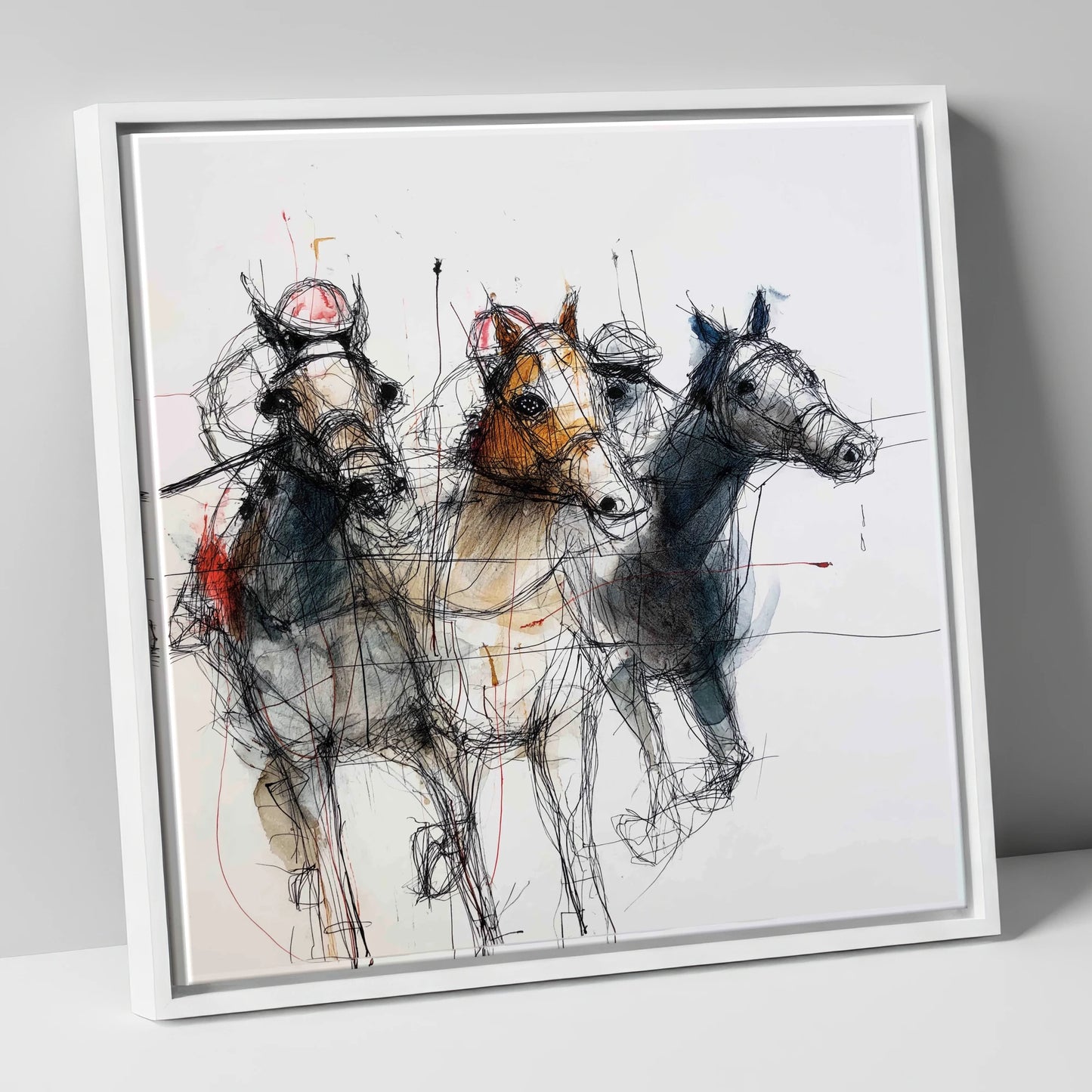 The Leading Pack racing horse canvas wall art in white frame
