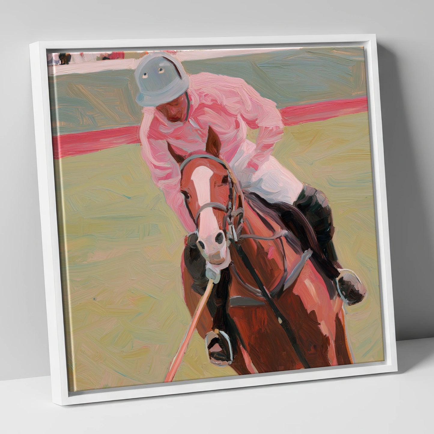 Dusty Pink Pursuit polo horse canvas wall art in white frame