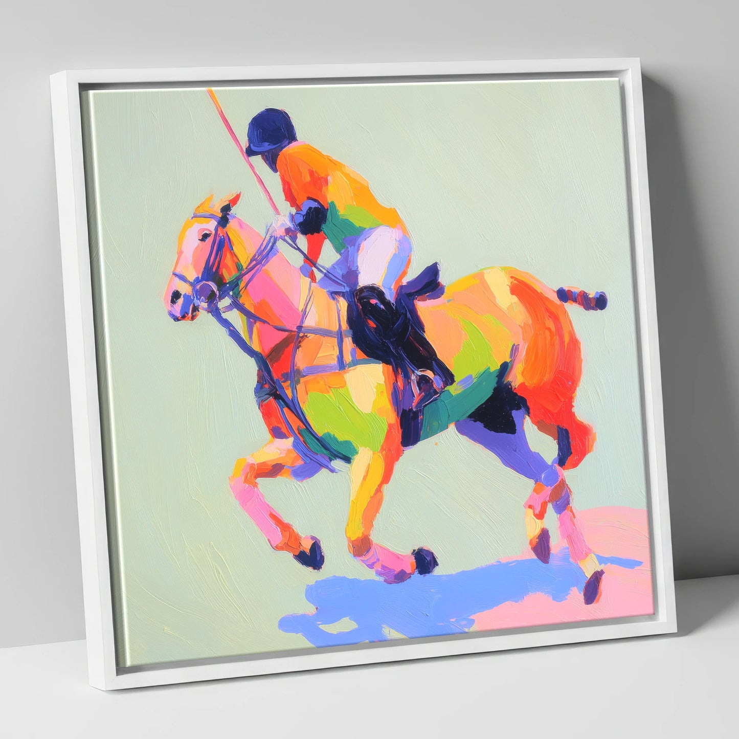 Technicolour Polo Stride polo horse canvas wall art in white frame