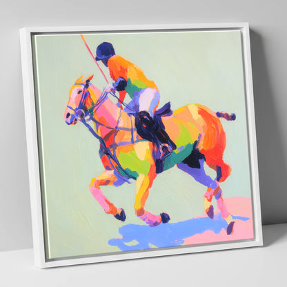 Technicolour Polo Stride polo horse canvas wall art in white frame