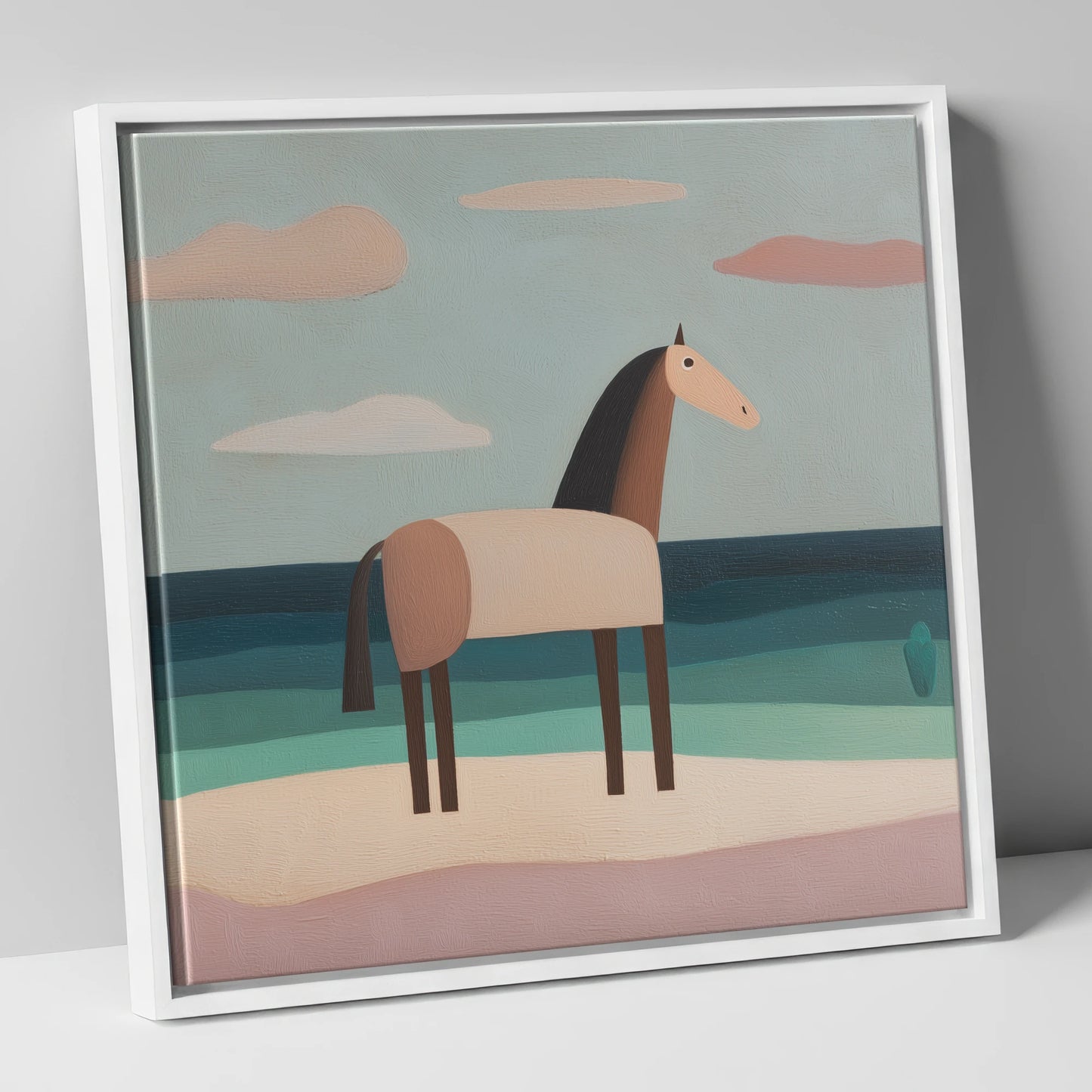 Tranquil Coastal Horizons horse landscape canvas wall art in white frame
