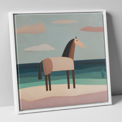Tranquil Coastal Horizons horse landscape canvas wall art in white frame