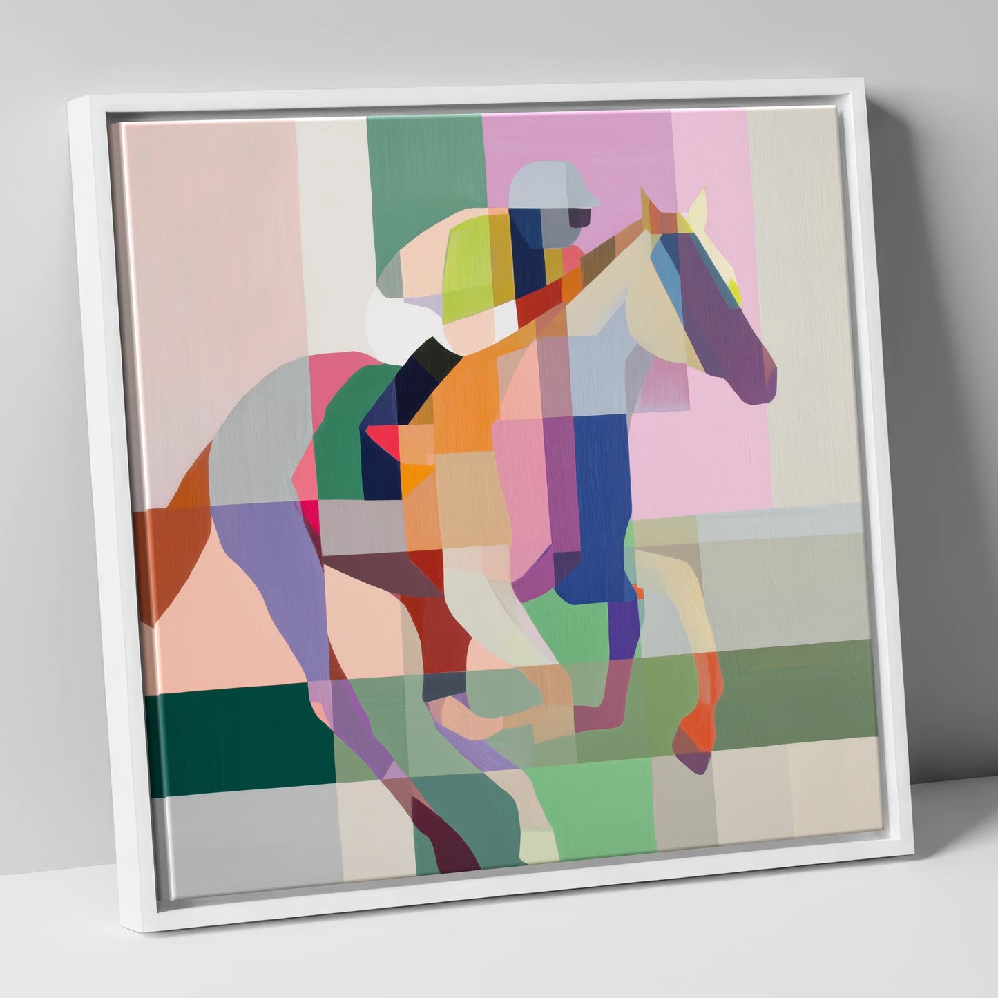 The Prismatic Gallop racing horse canvas wall art in white frame