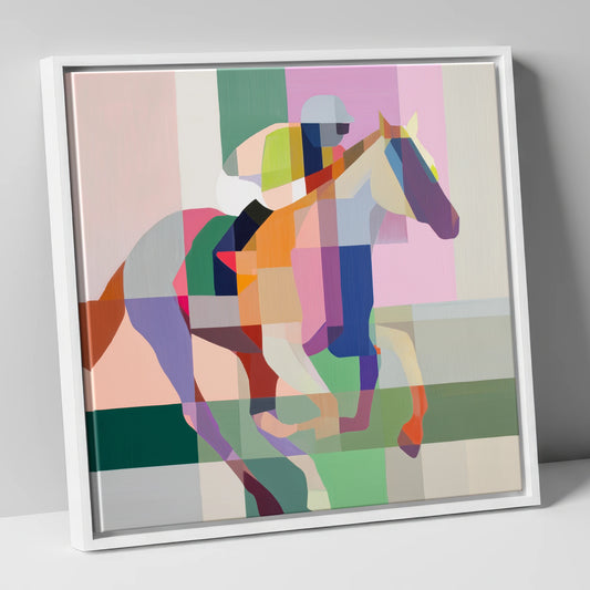 The Prismatic Gallop racing horse canvas wall art in white frame