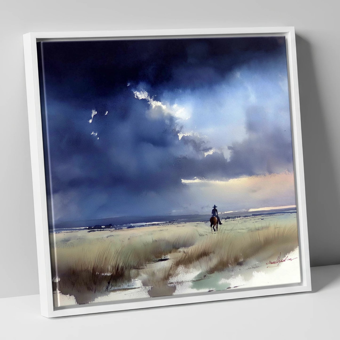 Storm Over the Plains horse landscape canvas wall art in white frame