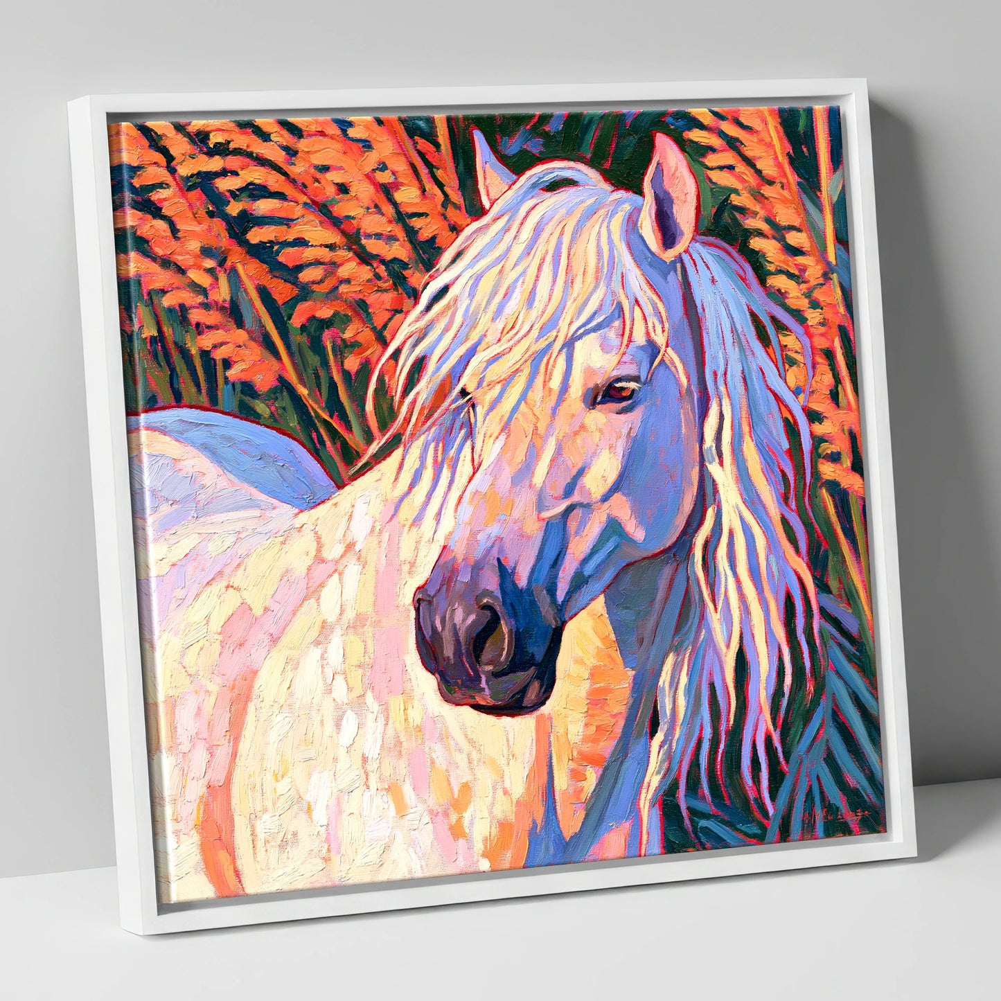Vibrant Grey Horse Portrait horse breed canvas wall art in white frame