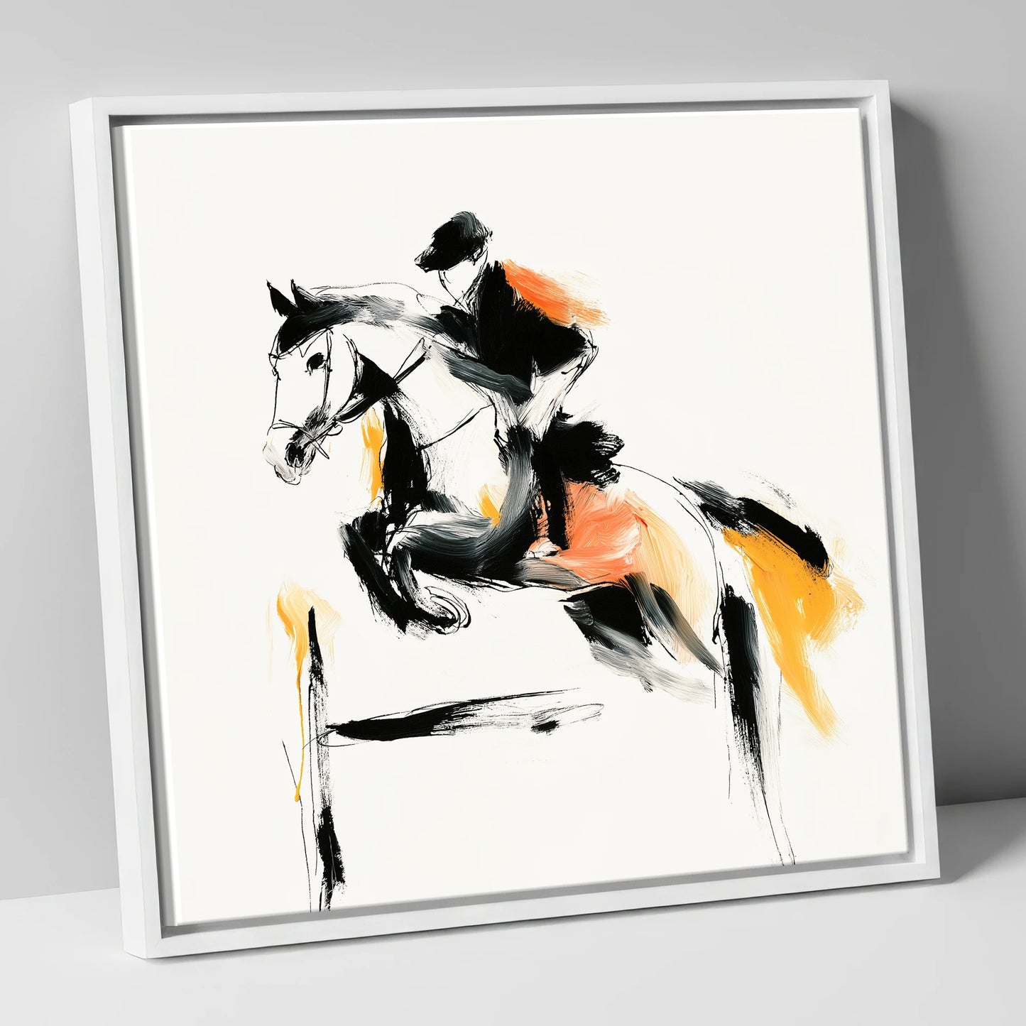The Amber Leap show jumping horse canvas wall art in white frame