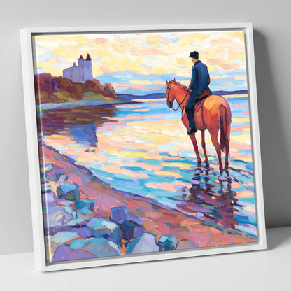 Rider at Castle Bay beach horse canvas wall art in white frame