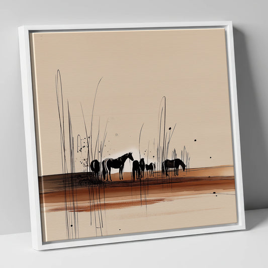 Silhouetted Horses Among Tall Reeds horse landscape canvas wall art in white frame