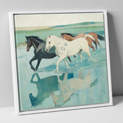 Tidal Canter wild horses canvas wall art in white frame