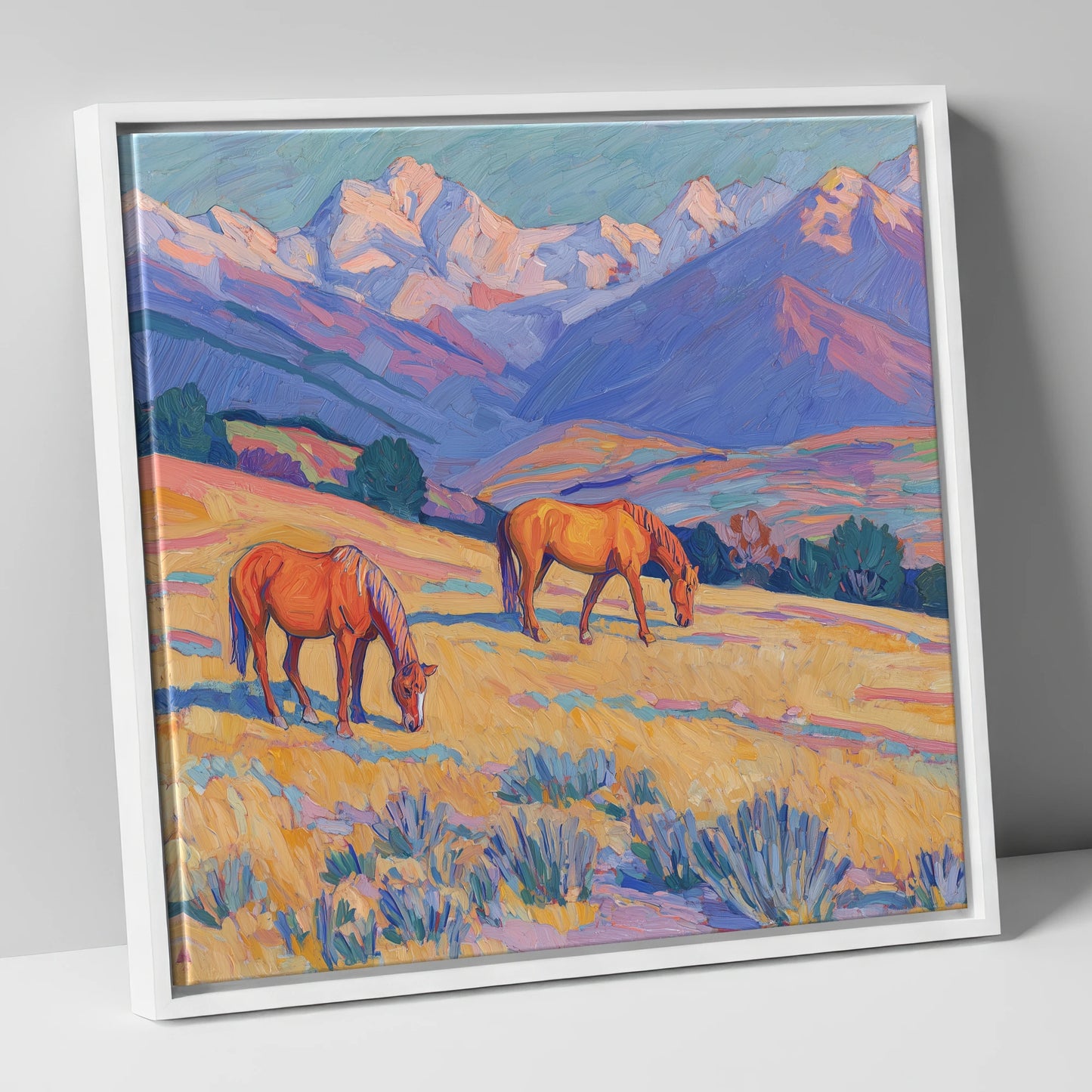 Grazing Beneath Violet Peaks horse landscape canvas wall art in white frame