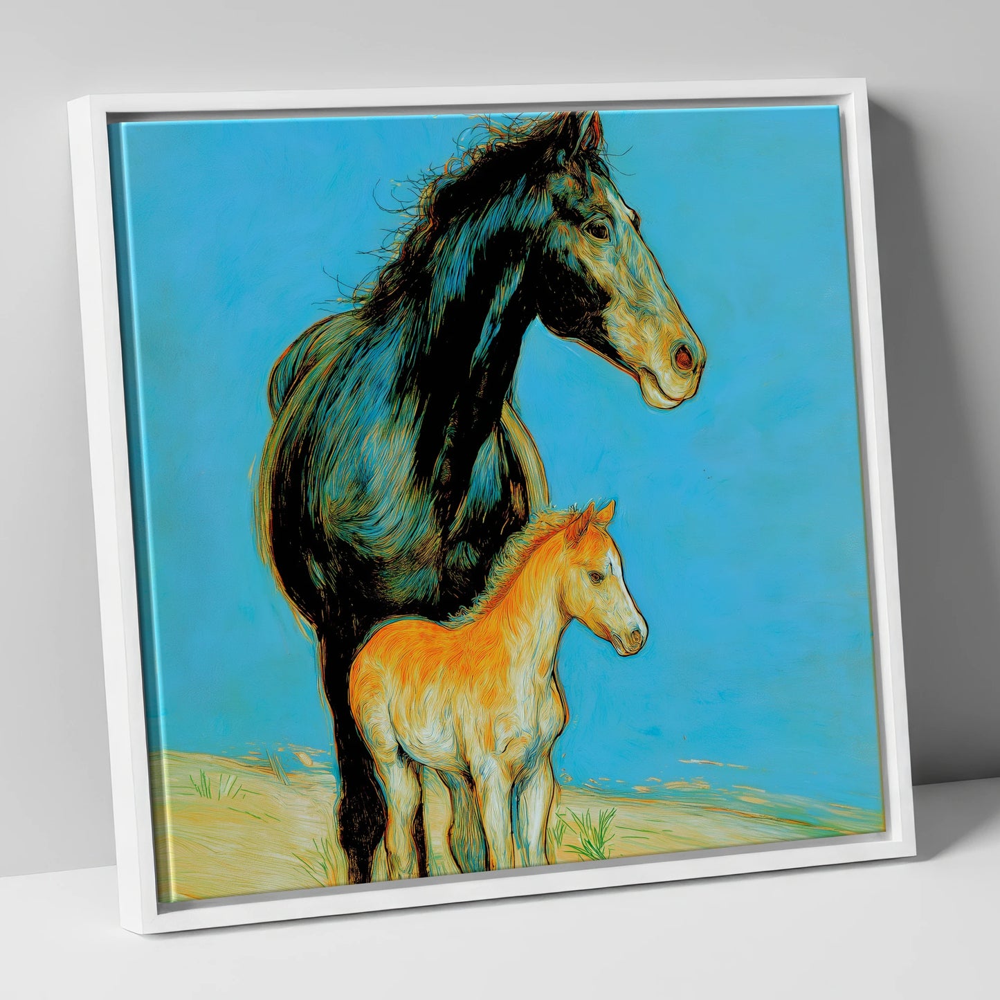 Cerulean Bond mare & foal canvas wall art in white frame
