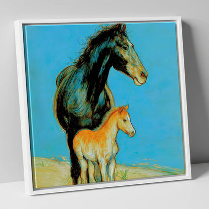 Cerulean Bond mare & foal canvas wall art in white frame