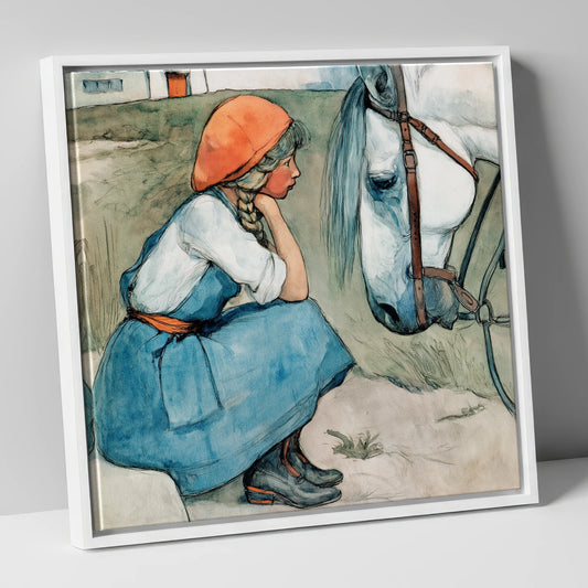 Quiet Moments Together horse & rider canvas wall art in white frame