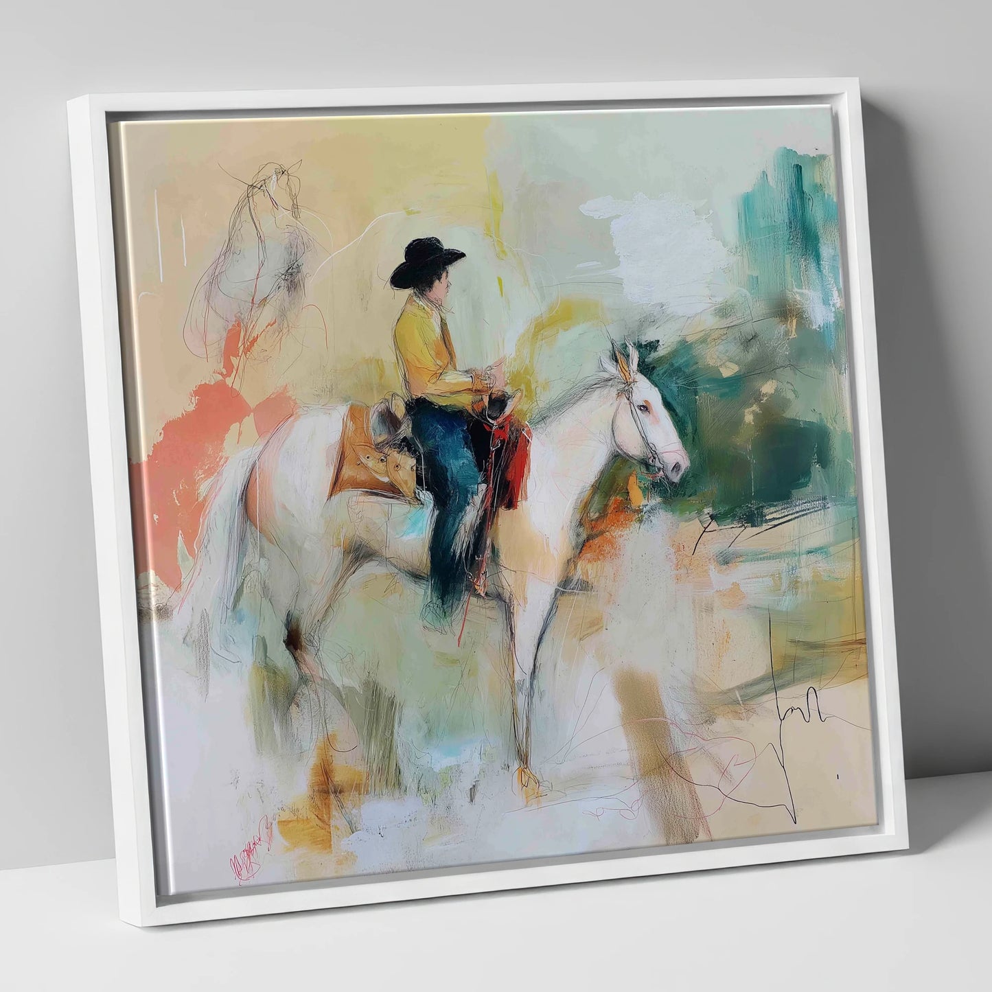 Painted Prairie Solitude western horse canvas wall art in white frame