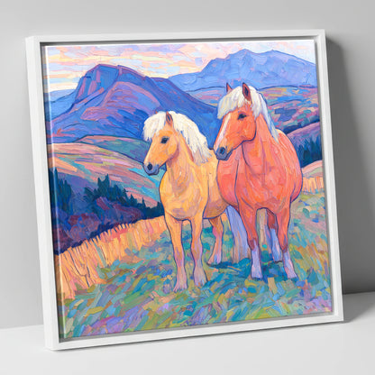 Highland Fjord Companions horse landscape canvas wall art in white frame