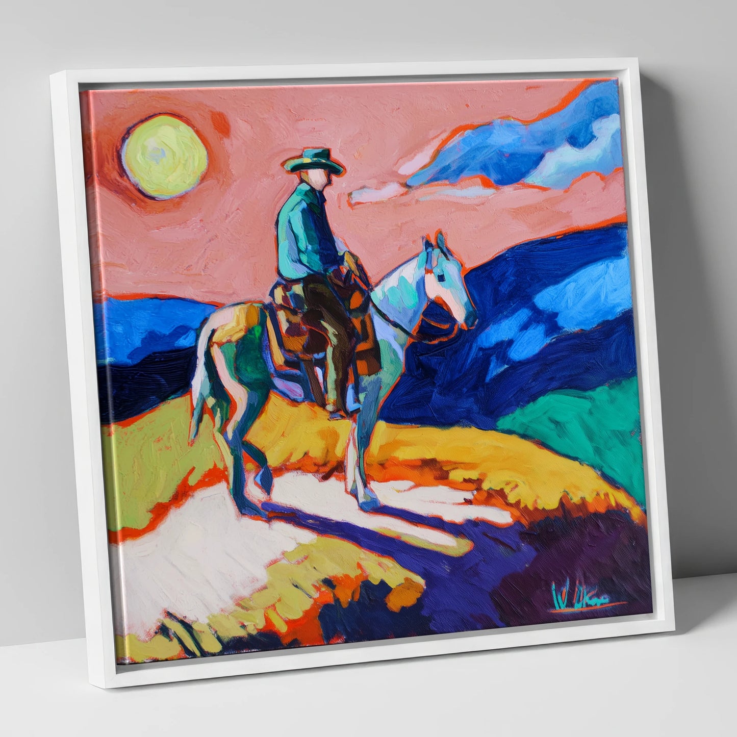 Technicolour Trail Rider western horse canvas wall art in white frame