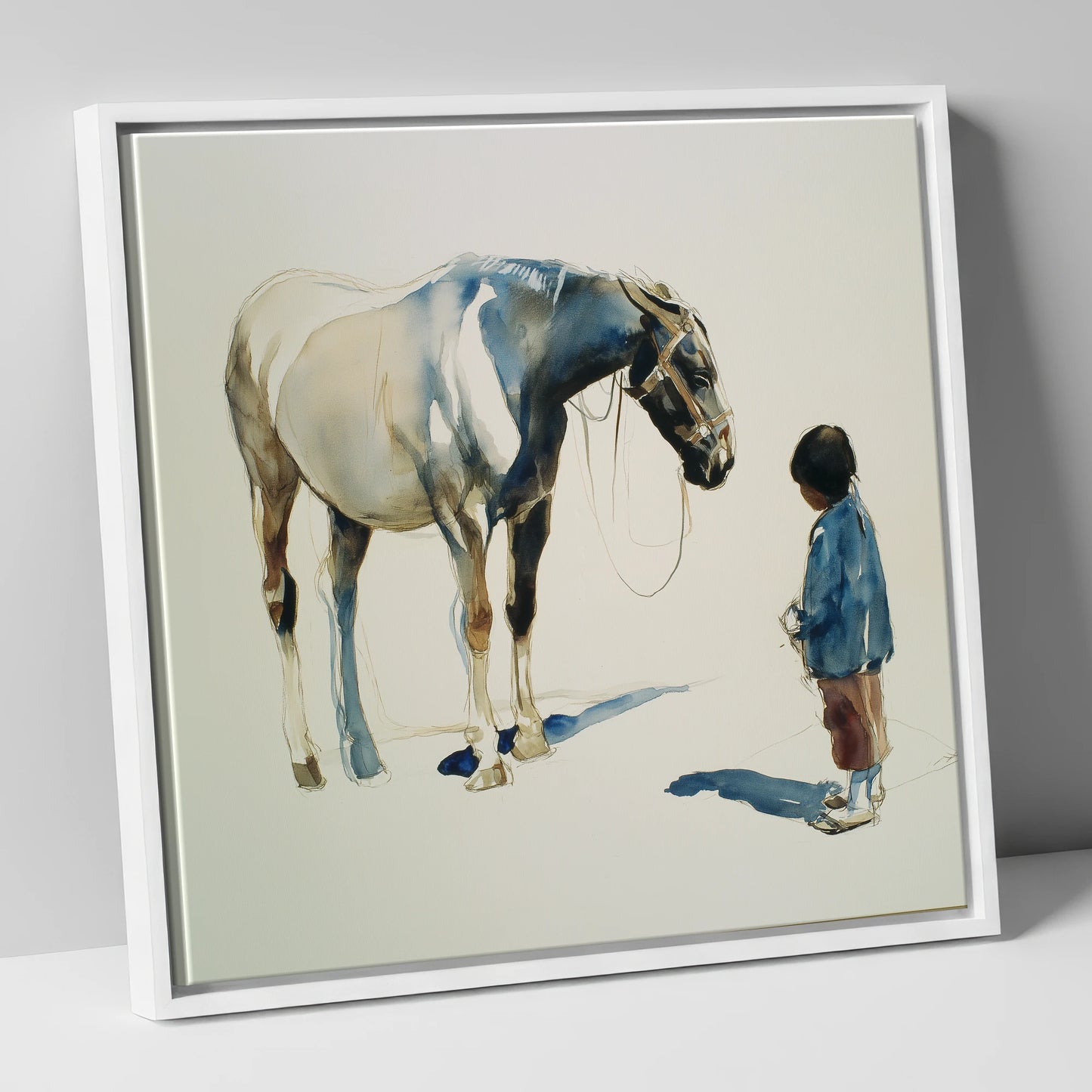 Silent Accord horse & rider canvas wall art in white frame