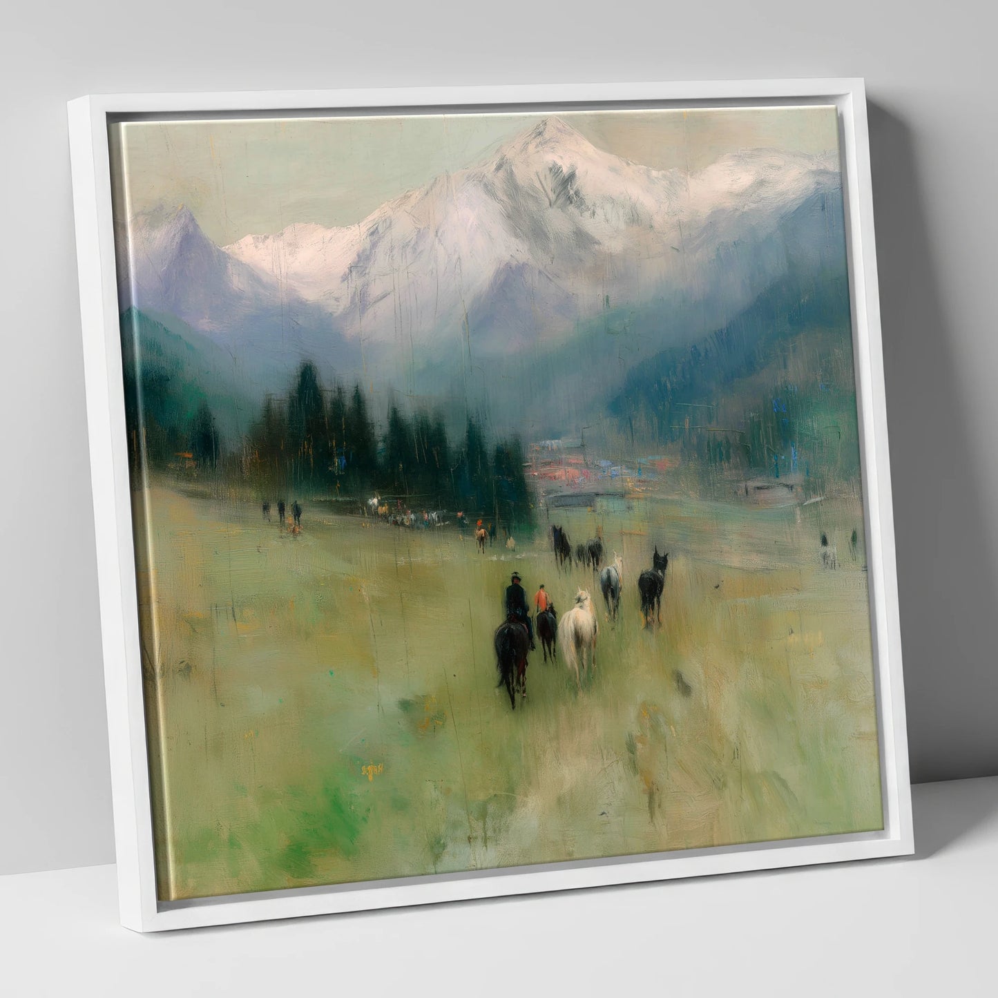 Distant Valley Ride horse landscape canvas wall art in white frame