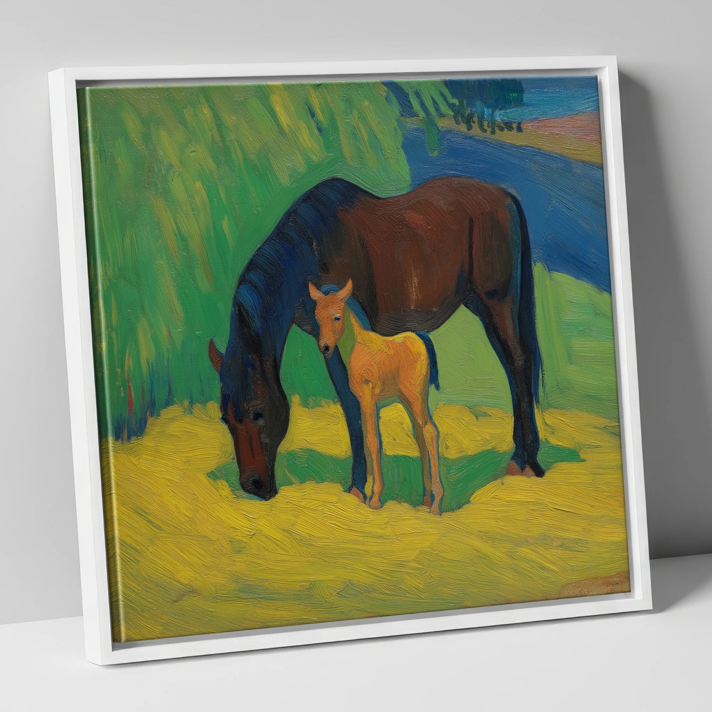 Vivid Grazing Companions mare & foal canvas wall art in white frame