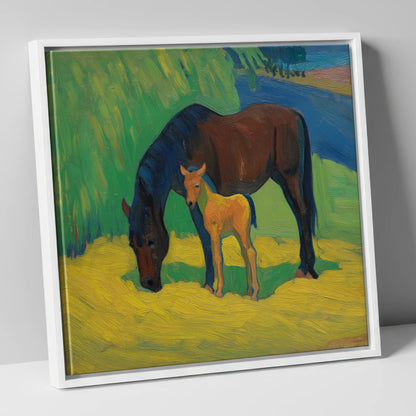 Vivid Grazing Companions mare & foal canvas wall art in white frame
