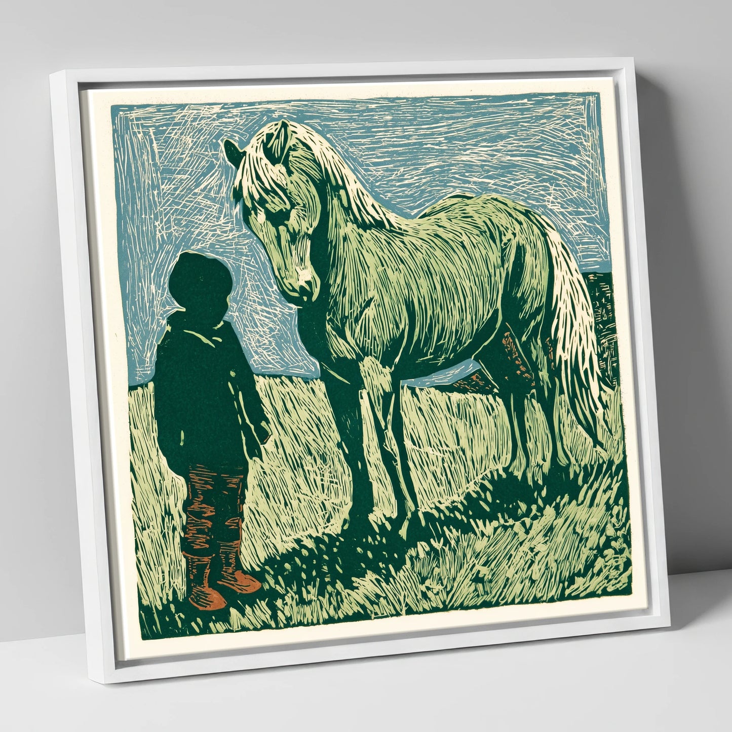 The Silent Bond horse & rider canvas wall art in white frame