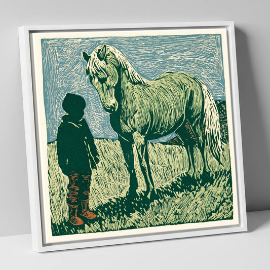 The Silent Bond horse & rider canvas wall art in white frame