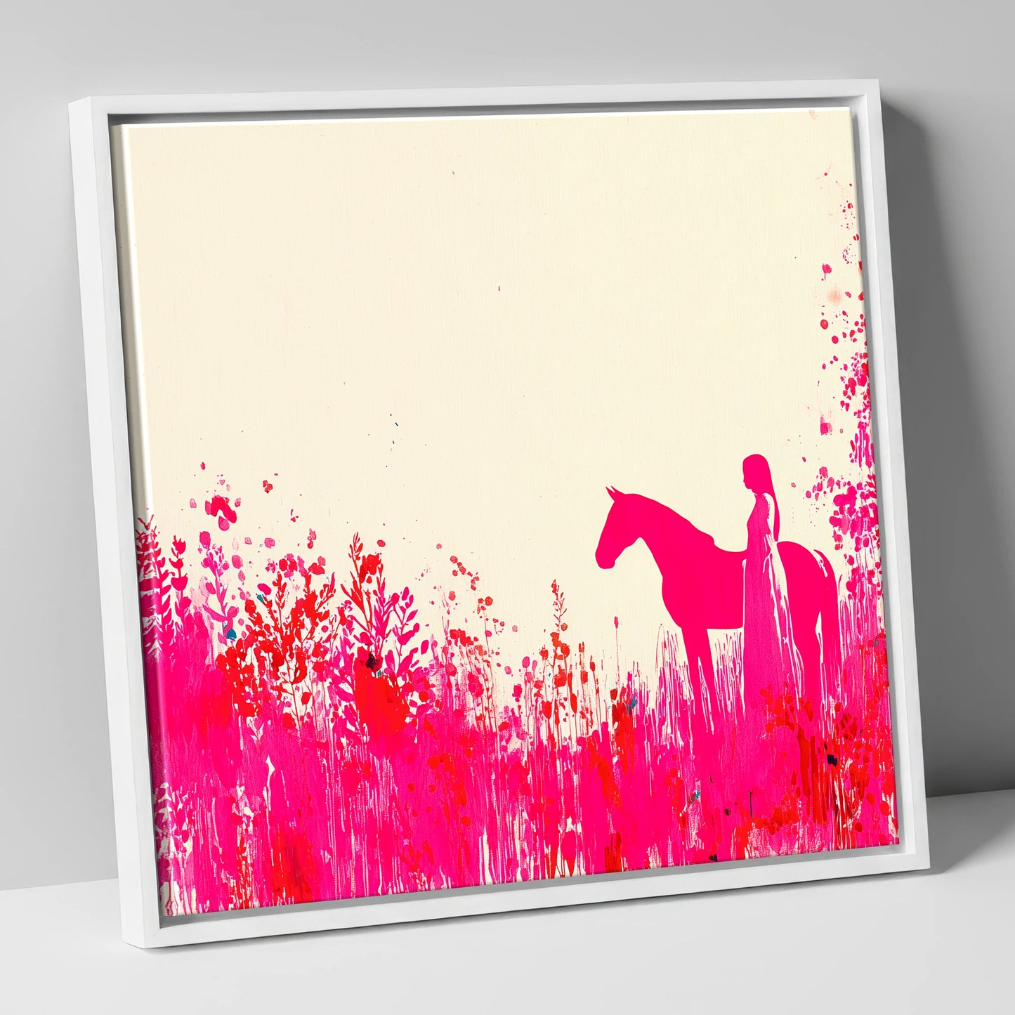 Vibrant Magenta Silhouette horse & rider canvas wall art in white frame