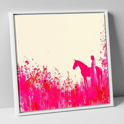Vibrant Magenta Silhouette horse & rider canvas wall art in white frame