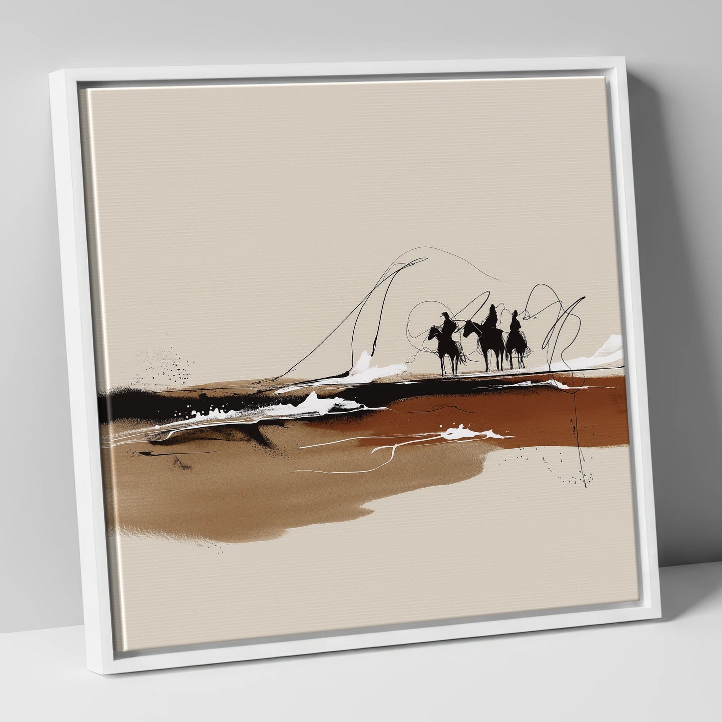 Riders of the Plains western horse canvas wall art in white frame
