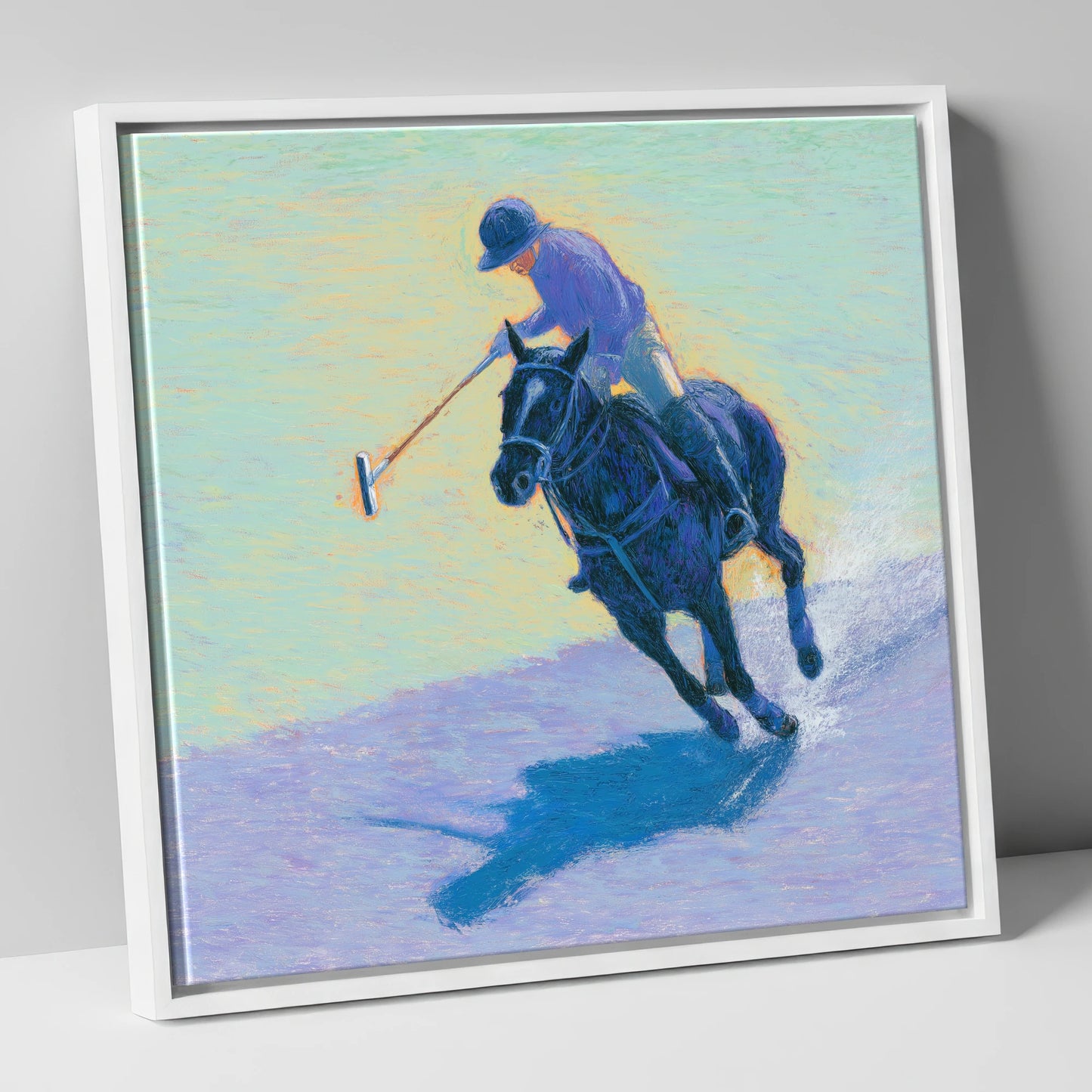 The Indigo Chukka polo horse canvas wall art in white frame