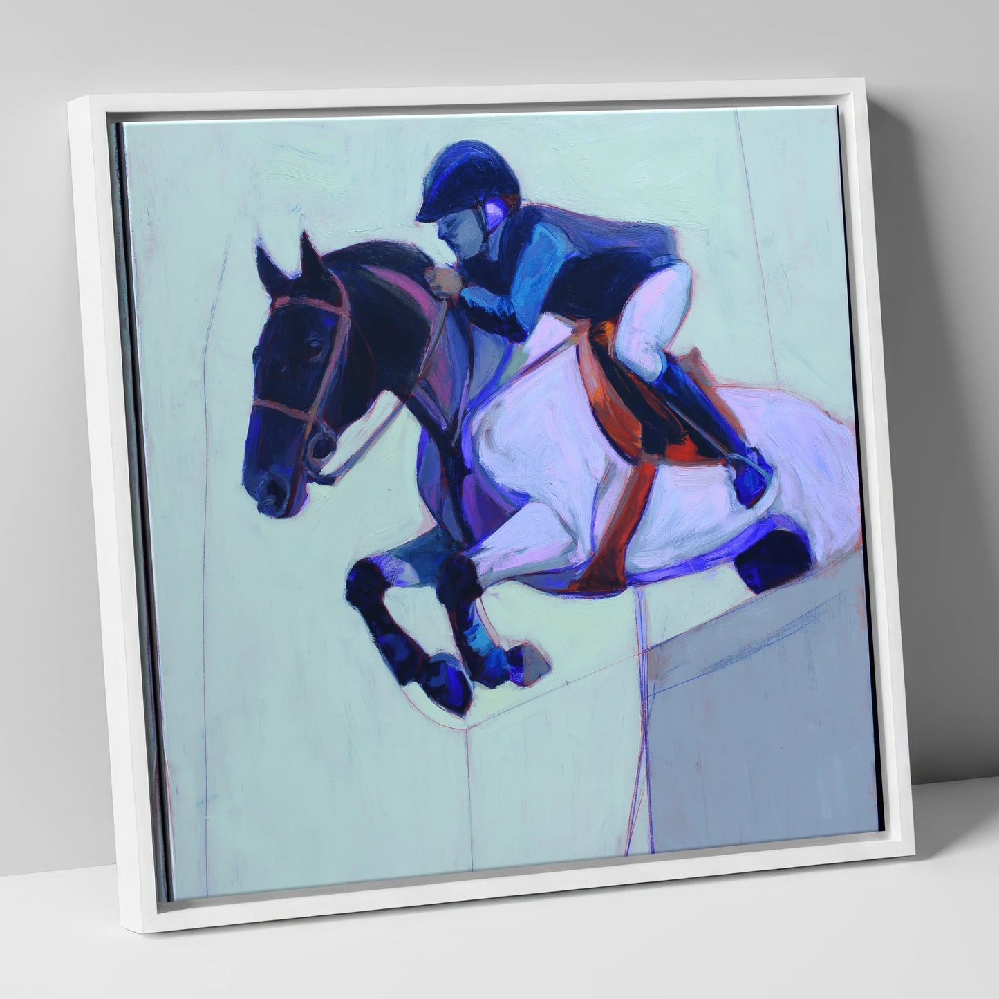 Indigo Flight show jumping horse canvas wall art in white frame