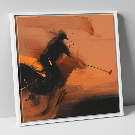 Strike in Amber polo horse canvas wall art in white frame